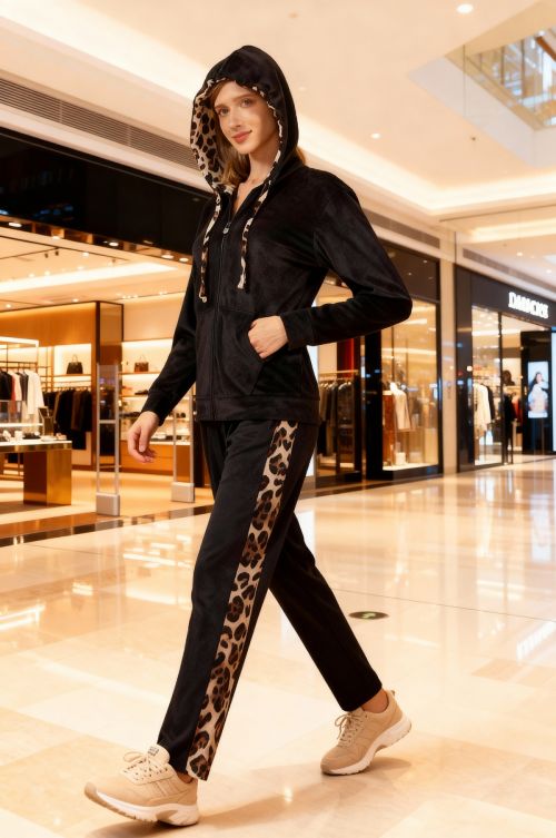 Φόρμα βελουτέ με κουκούλα , φερμουάρ στο τοπ και άνιμαλ λεπτομέρειες. 