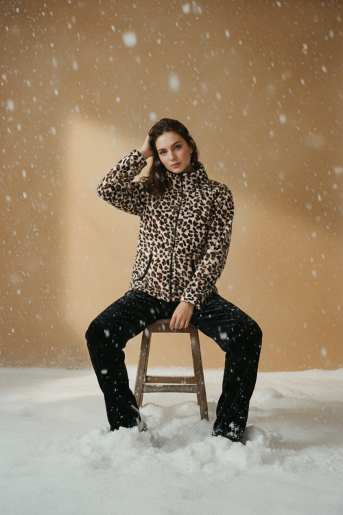 Φορμα βελουτέ σε άνιμαλ πριντ με φερμουάρ και μονόχρωμο παντελόνι. 