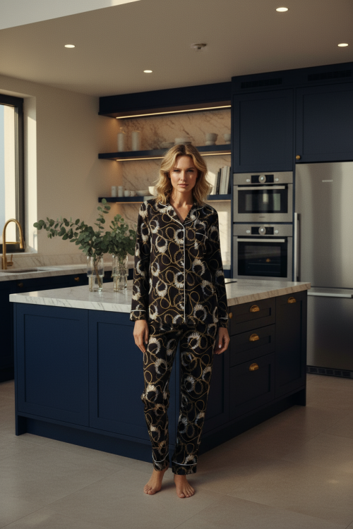 Πυτζάμα σετ με όμορφο πριντ και κουμπί πατιλέτα στο τοπ. 